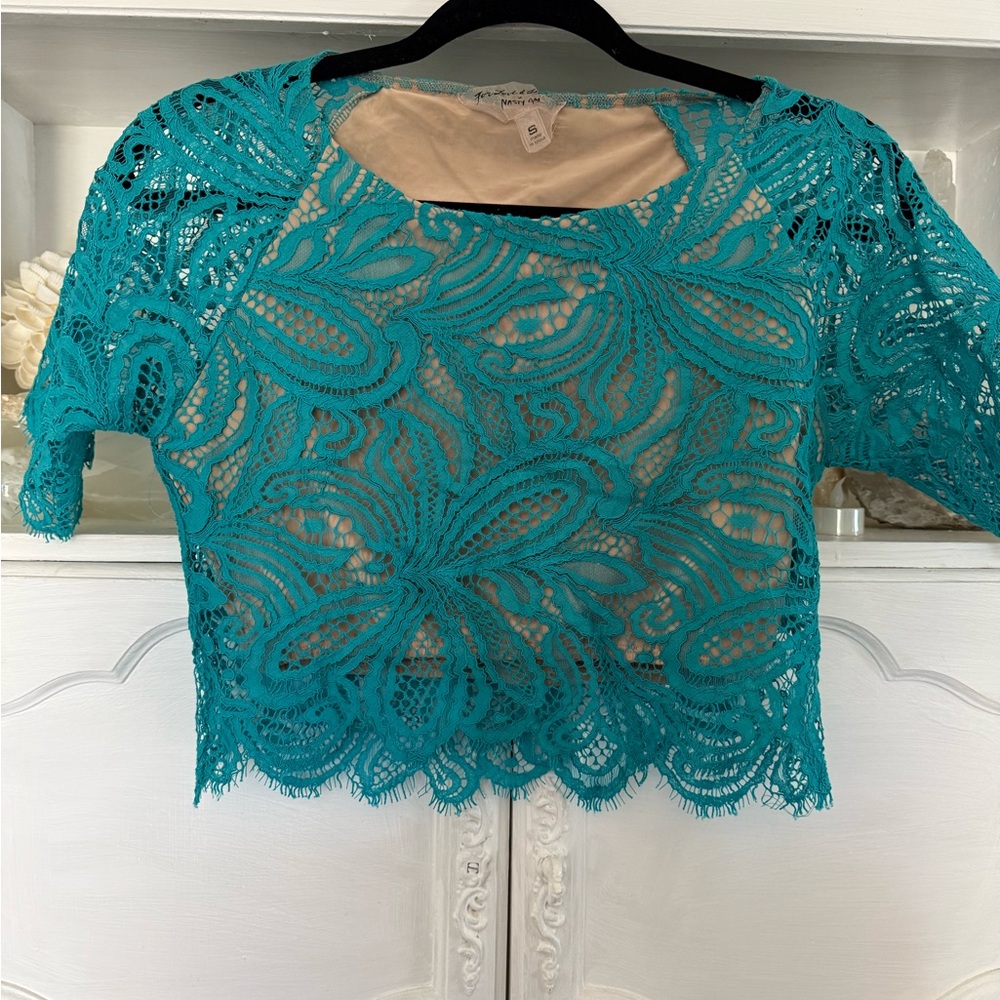 For love and lemons x Nasty Gal Teal Lace Overlay Crop Top